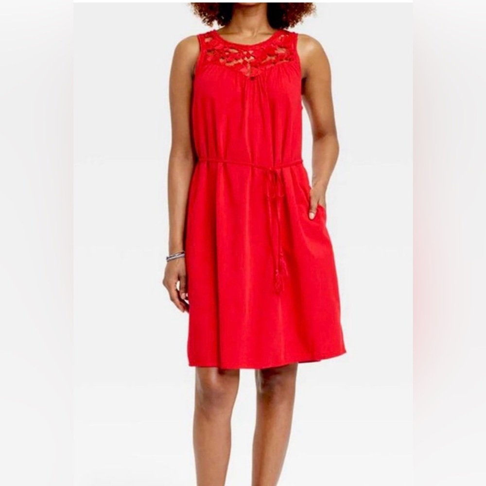 NWT Knox Rose Crochet Eyelet Lace Neck Tassel Tie Belt Tank Dress Red Size Small